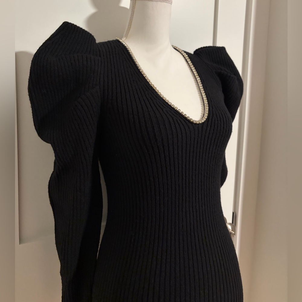 Express Black Ribbed Crystal Encrusted Neckline Puff Shoulder Sweater Women’s Sm - Picture 6 of 10